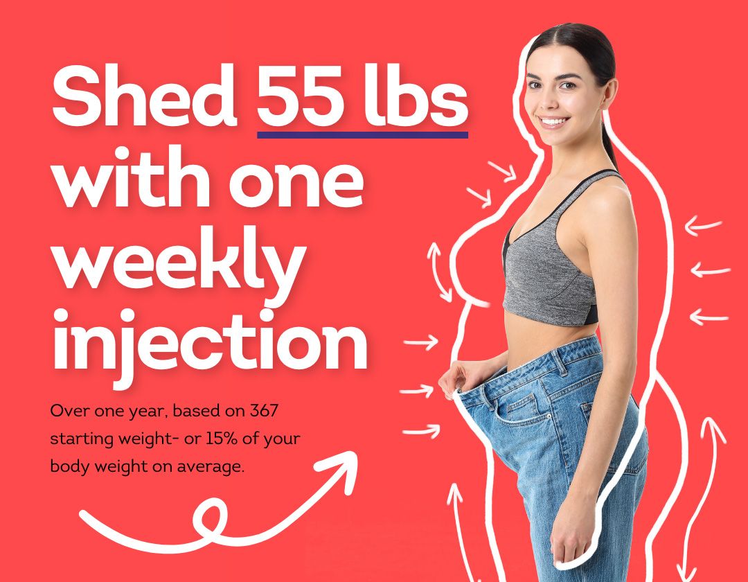slim girl in jeans too big for her with text: shed 55lbs with one weekly injection